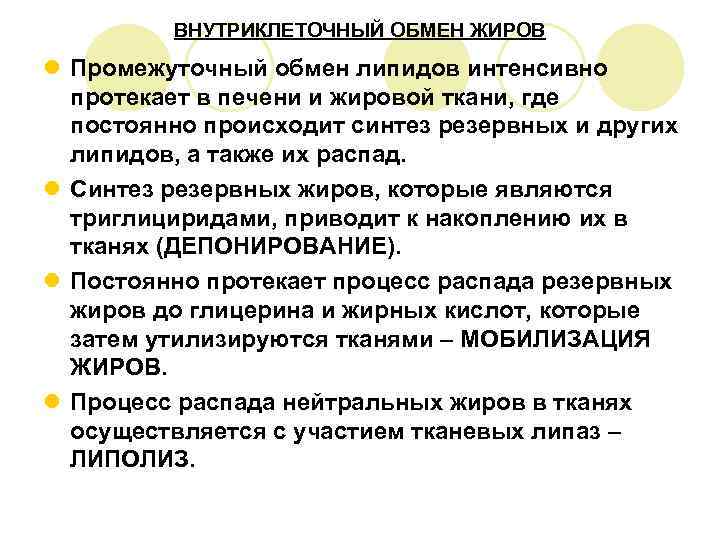    ВНУТРИКЛЕТОЧНЫЙ ОБМЕН ЖИРОВ l Промежуточный обмен липидов интенсивно  протекает в