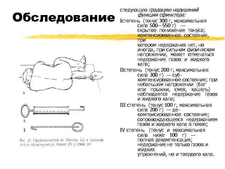     следующую градацию нарушений Обследование   функции сфинктера:  
