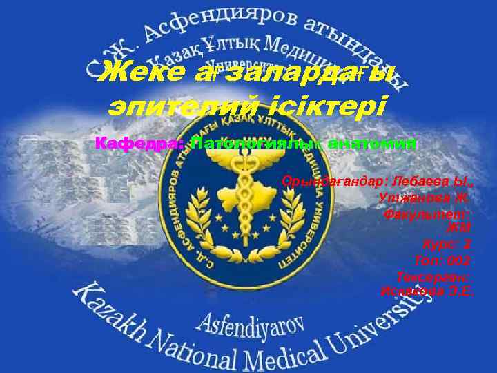 Жеке ағзалардағы эпителий ісіктері Кафедра: Патологиялық анатомия    Орындағандар: Лебаева Ы. ,