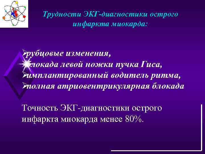   Трудности ЭКГ-диагностики острого  инфаркта миокарда:  Øрубцовые изменения, Øблокада левой ножки
