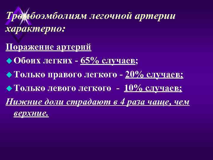 Тромбоэмболиям легочной артерии характерно: Поражение артерий u Обоих легких - 65% случаев; u Только