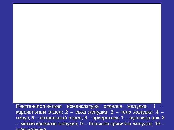 Рентгенологическая номенклатура отделов желудка. 1 – кардиальный отдел; 2 – свод желудка; 3 – Рентгенологическая номенклатура отделов желудка. 1 – кардиальный отдел; 2 – свод желудка; 3 –