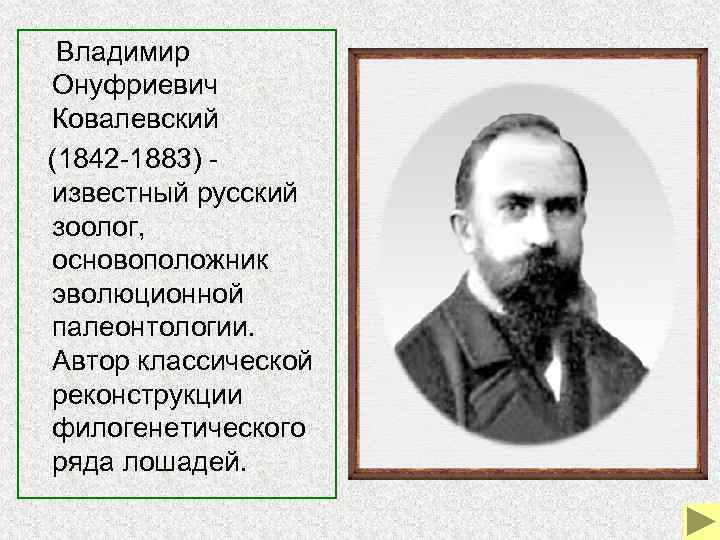   Владимир Онуфриевич Ковалевский (1842 -1883) - известный русский зоолог, основоположник эволюционной палеонтологии.
