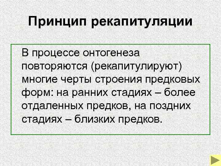  Принцип рекапитуляции В процессе онтогенеза  повторяются (рекапитулируют)  многие черты строения предковых