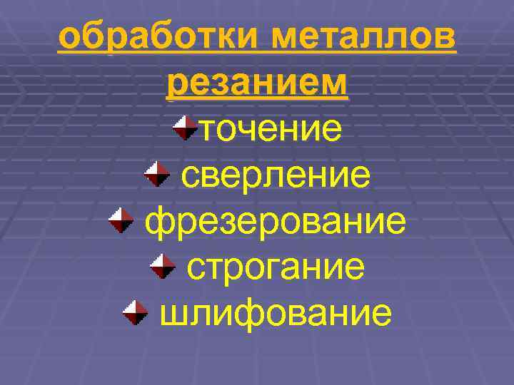 обработки металлов резанием  точение  сверление фрезерование  строгание шлифование 