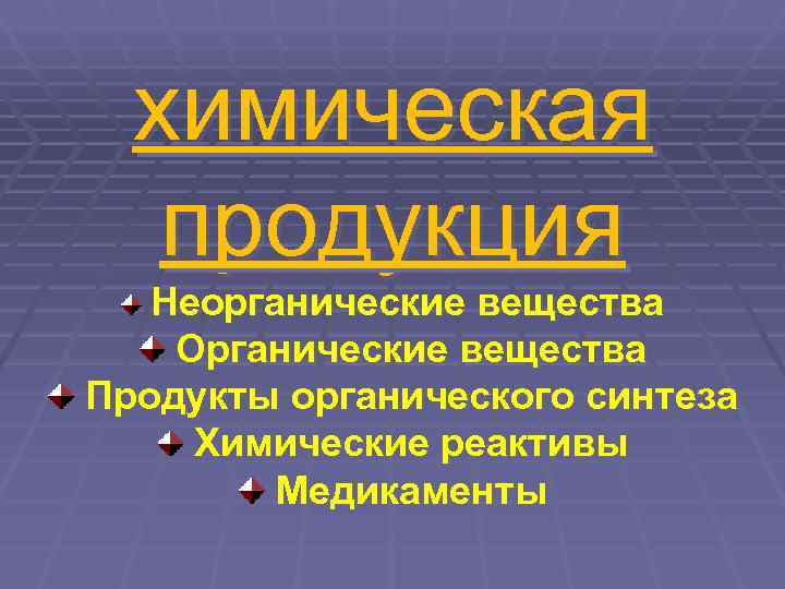  химическая продукция Неорганические вещества Органические вещества Продукты органического синтеза  Химические реактивы 