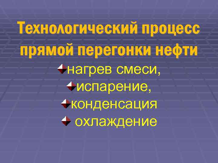 Технологический процесс прямой перегонки нефти  нагрев смеси,   испарение,  конденсация 
