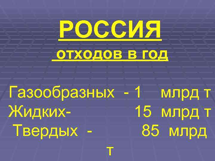  РОССИЯ  отходов в год Газообразных - 1 млрд т Жидких-  15