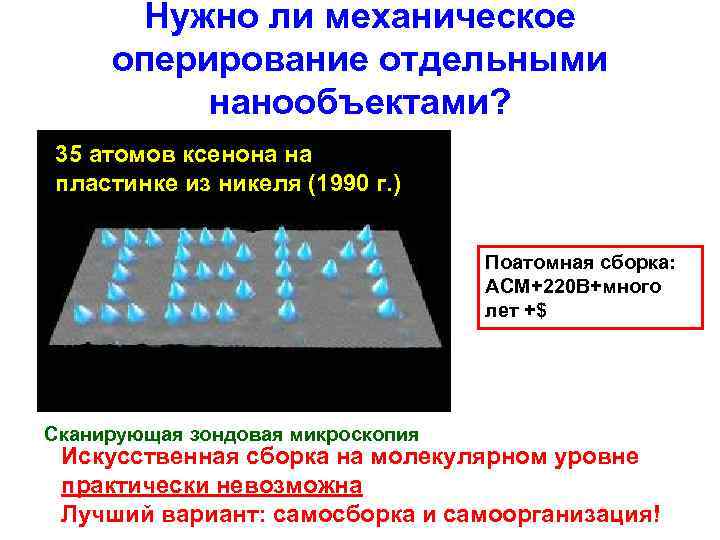  Нужно ли механическое оперирование отдельными  нанообъектами? 35 атомов ксенона на пластинке из
