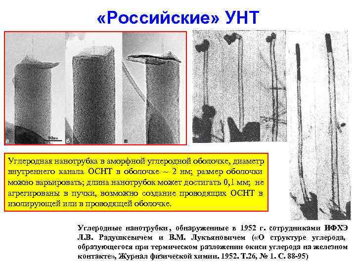      «Российские» УНТ Углеродная нанотрубка в аморфной углеродной оболочке, диаметр