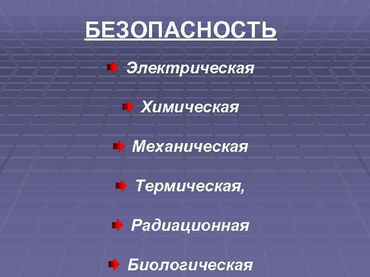 БЕЗОПАСНОСТЬ  Электрическая Химическая  Механическая Термическая, Радиационная  Биологическая 