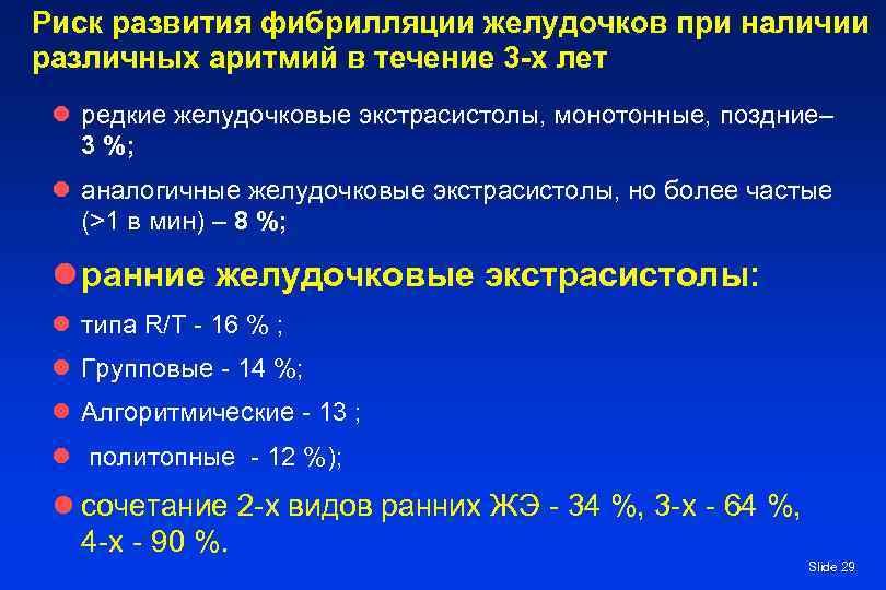 Риск развития фибрилляции желудочков при наличии различных аритмий в течение 3 -х лет l