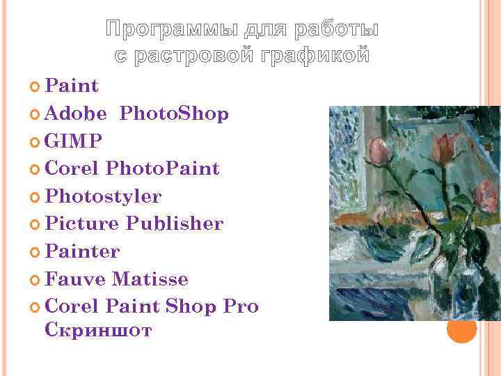    Программы для работы  с растровой графикой  Paint  Adobe