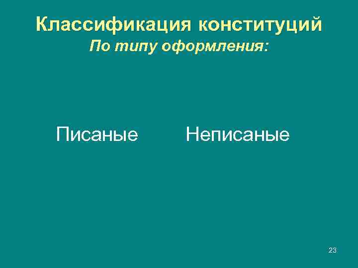 Классификация конституций По типу оформления:  Писаные Неписаные      