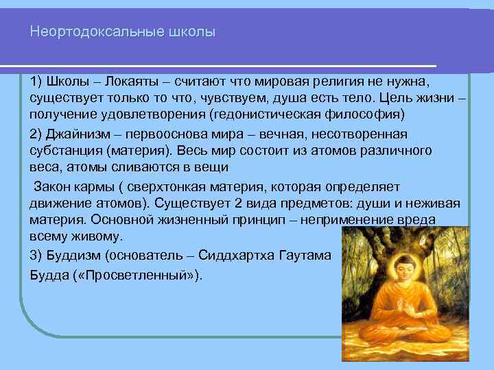 Неортодоксальные школы 1) Школы – Локаяты – считают что мировая религия не нужна, Неортодоксальные школы 1) Школы – Локаяты – считают что мировая религия не нужна,