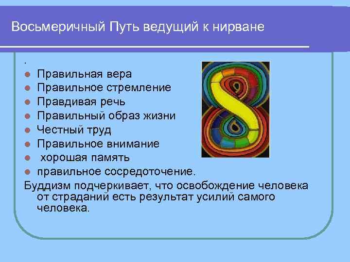 Восьмеричный Путь ведущий к нирване . l Правильная вера l Правильное стремление Восьмеричный Путь ведущий к нирване . l Правильная вера l Правильное стремление