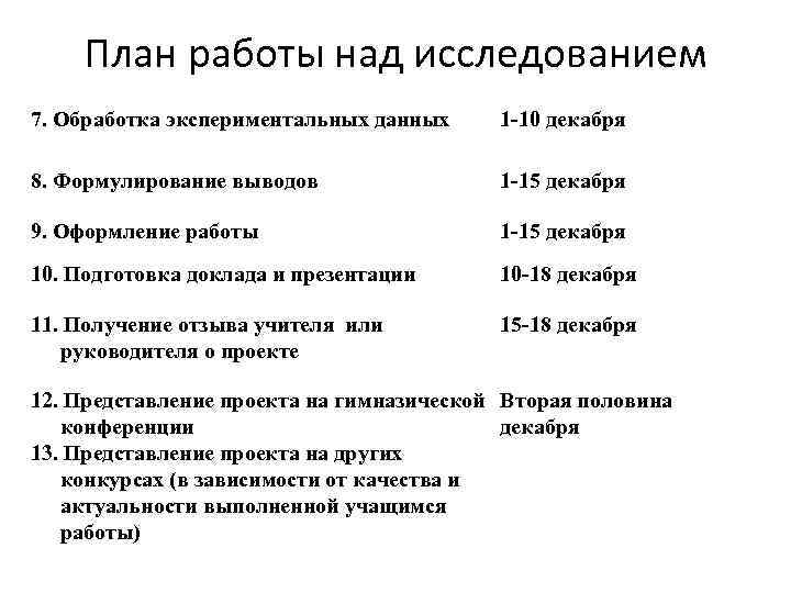   План работы над исследованием 7. Обработка экспериментальных данных 1 -10 декабря 8.