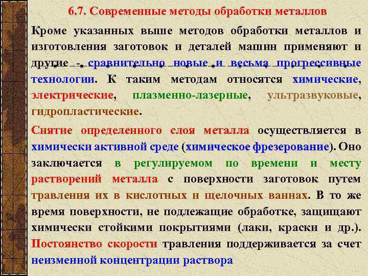 6. 7. Современные методы обработки металлов Кроме указанных выше методов обработки металлов и изготовления