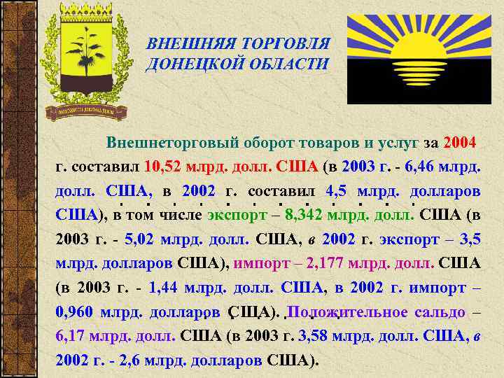 ВНЕШНЯЯ ТОРГОВЛЯ ДОНЕЦКОЙ ОБЛАСТИ Внешнеторговый оборот товаров и услуг за 2004 г. составил 10,