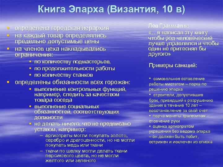    Книга Эпарха (Византия, 10 в) § определена городская иерархия  