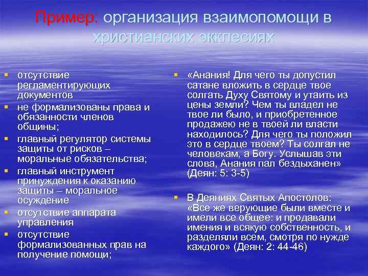  Пример: организация взаимопомощи в  христианских экклесиях § отсутствие   § «Анания!