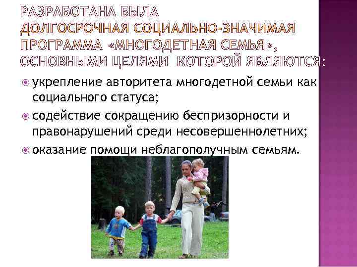  укрепление авторитета многодетной семьи как  социального статуса;  содействие сокращению беспризорности и