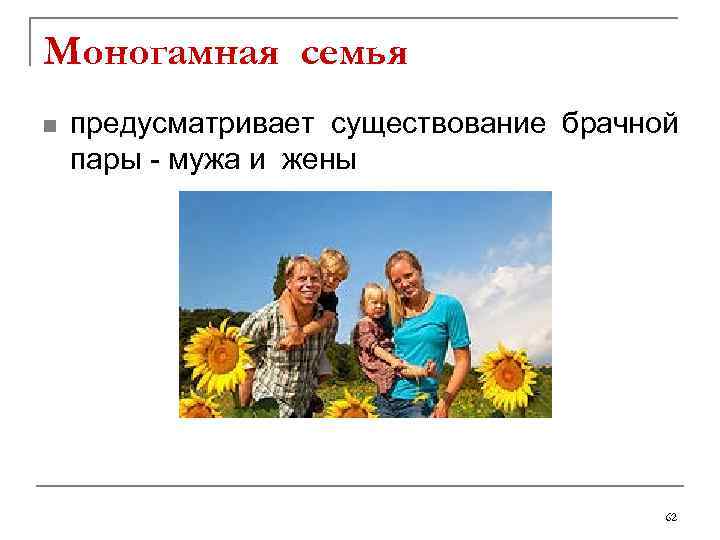 Моногамная семья n  предусматривает существование брачной пары - мужа и жены  