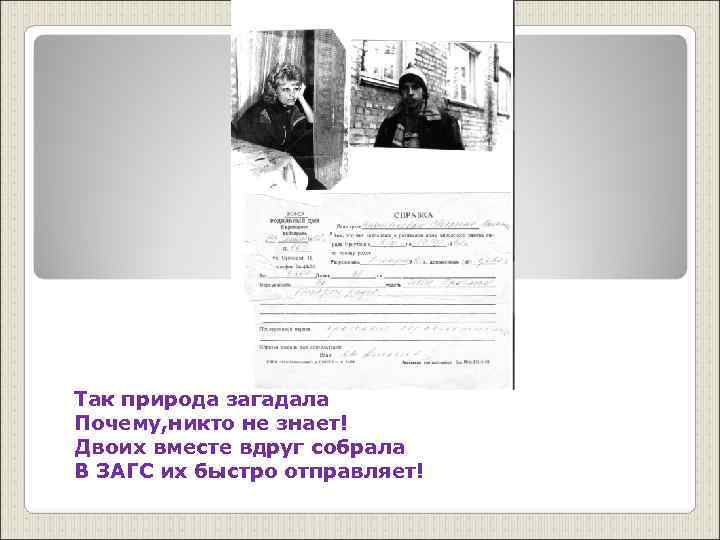 Так природа загадала Почему, никто не знает! Двоих вместе вдруг собрала В ЗАГС их