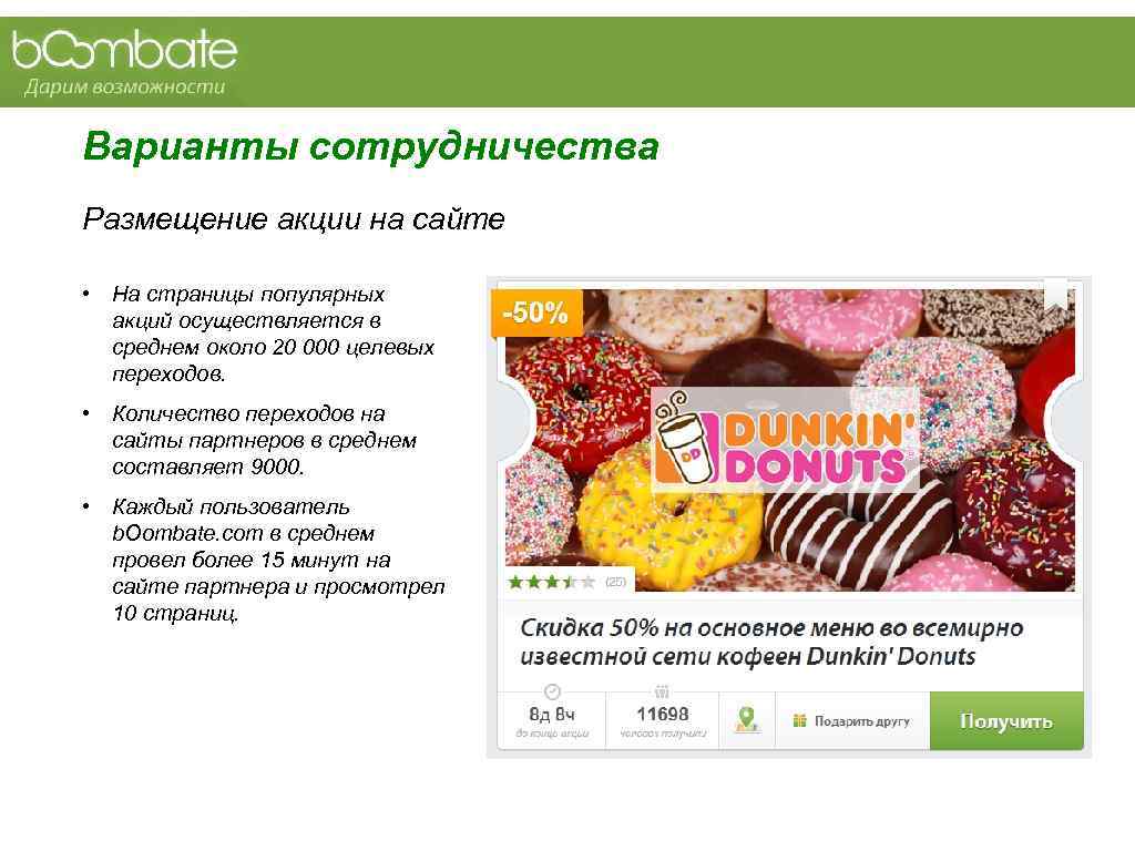 Варианты сотрудничества Размещение акции на сайте  • На страницы популярных  акций осуществляется