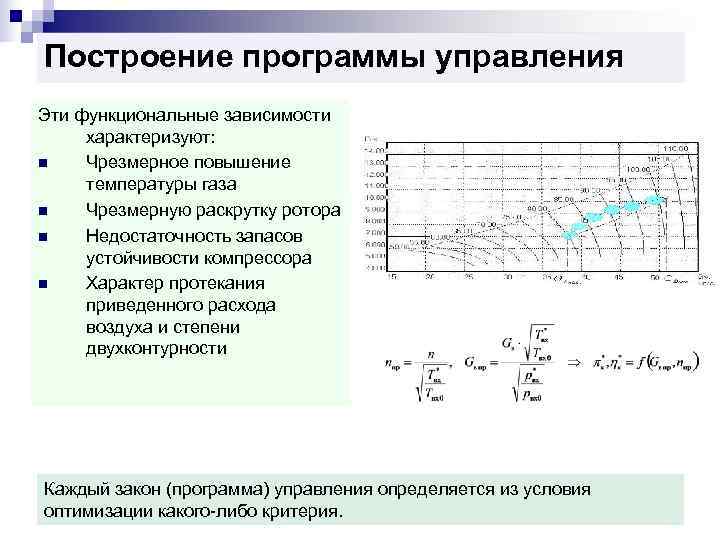 Построение программы управления Эти функциональные зависимости характеризуют: n  Чрезмерное повышение температуры газа n