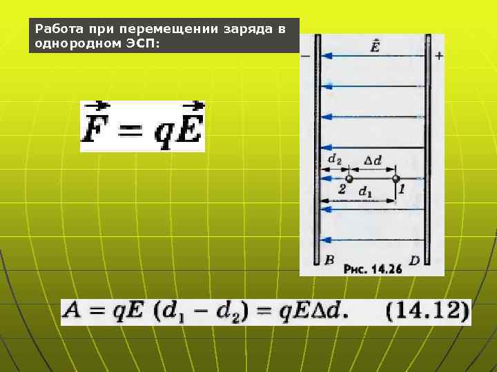 Работа при перемещении заряда в однородном ЭСП: 