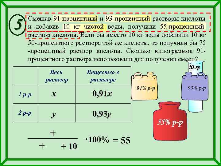   Смешав 91 -процентный и 93 -процентный растворы кислоты 5  и добавив