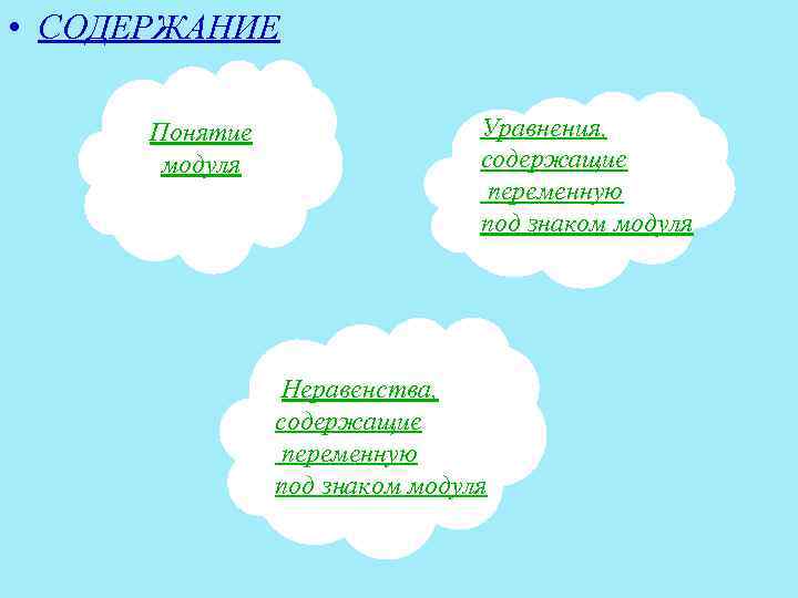  • СОДЕРЖАНИЕ  Понятие    Уравнения,   модуля  