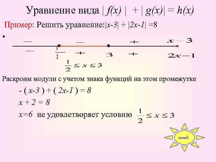  Уравнение вида | f(x) | + | g(x)| = h(x) Пример: Решить уравнение: