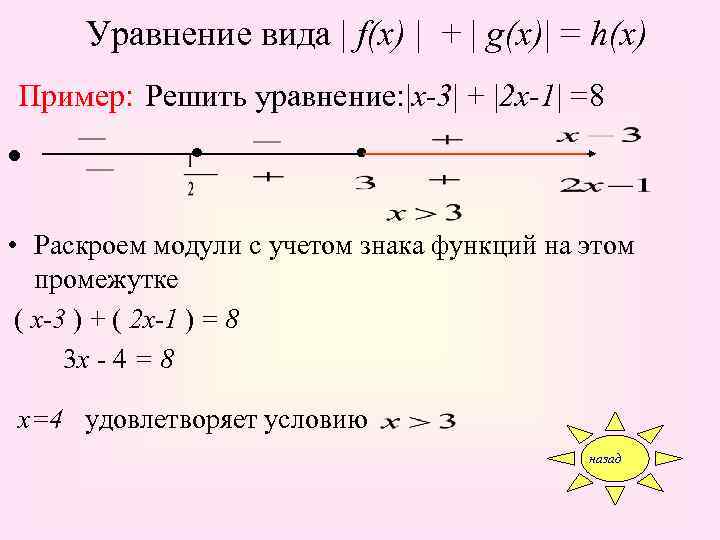  Уравнение вида | f(x) | + | g(x)| = h(x) Пример: Решить уравнение: