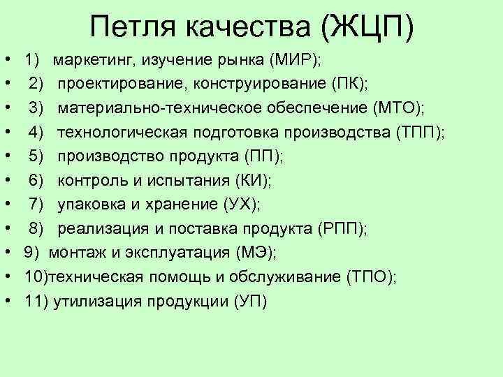   Петля качества (ЖЦП) •  1)  маркетинг, изучение рынка (МИР); 