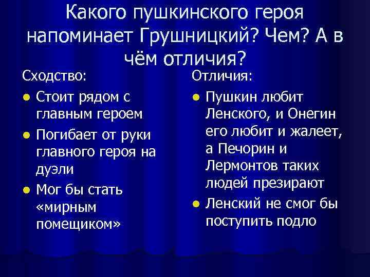   Какого пушкинского героя напоминает Грушницкий? Чем? А в  чём отличия? Сходство:
