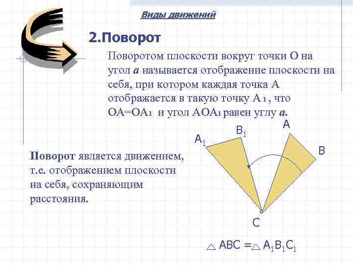     Виды движений  2. Поворот    Поворотом плоскости