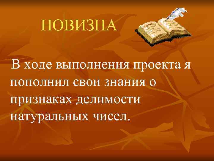   НОВИЗНА В ходе выполнения проекта я пополнил свои знания о признаках делимости
