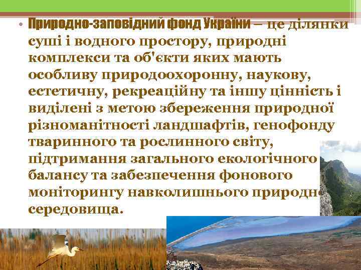  • Природно-заповідний фонд України – це ділянки  суші і водного простору, природні