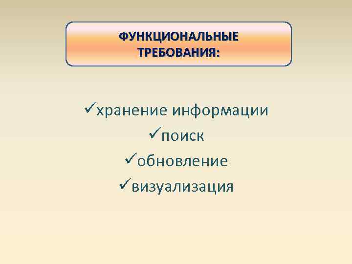   ФУНКЦИОНАЛЬНЫЕ ТРЕБОВАНИЯ: üхранение информации  üпоиск üобновление üвизуализация 