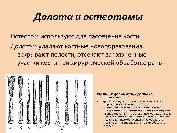   Долота и остеотомы Остеотом используют для рассечения кости. Долотом удаляют костные новообразования,
