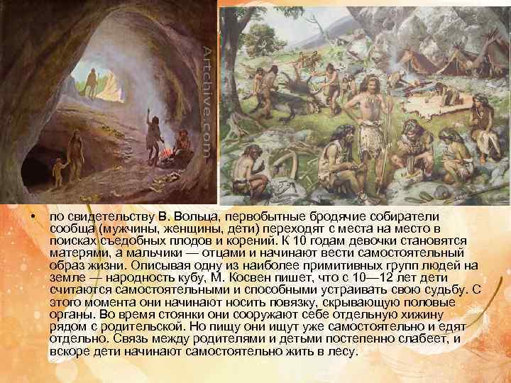  •  по свидетельству В. Вольца, первобытные бродячие собиратели сообща (мужчины, женщины, дети)