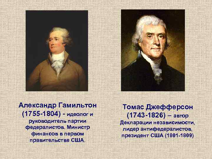 Александр Гамильтон  Томас Джефферсон (1755 -1804) - идеолог и  (1743 -1826) –