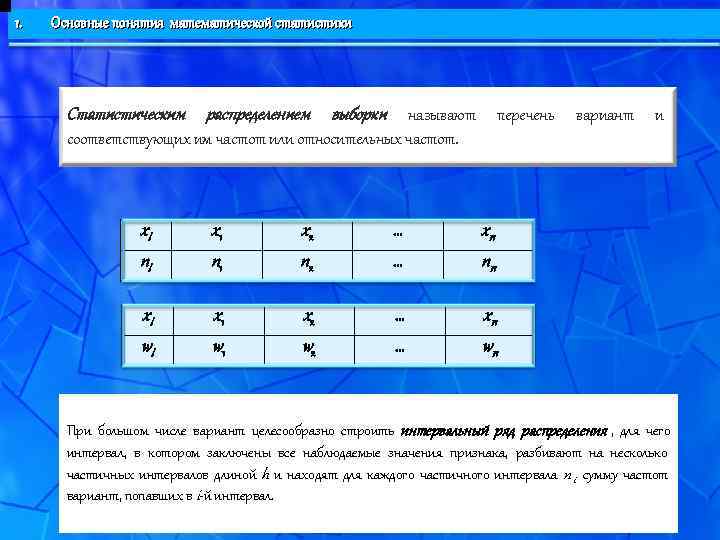1.  Основные понятия математической статистики  Статистическим распределением выборки    