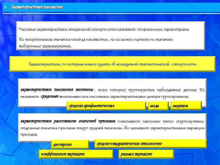 2. Характеристики положения   Числовые характеристики генеральной совокупности называют генеральными параметрами.  Их