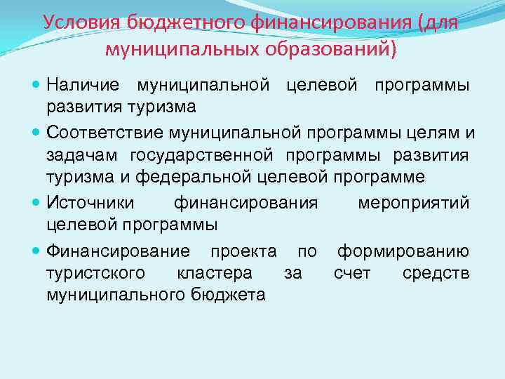  Условия бюджетного финансирования (для  муниципальных образований)  Наличие муниципальной целевой программы 
