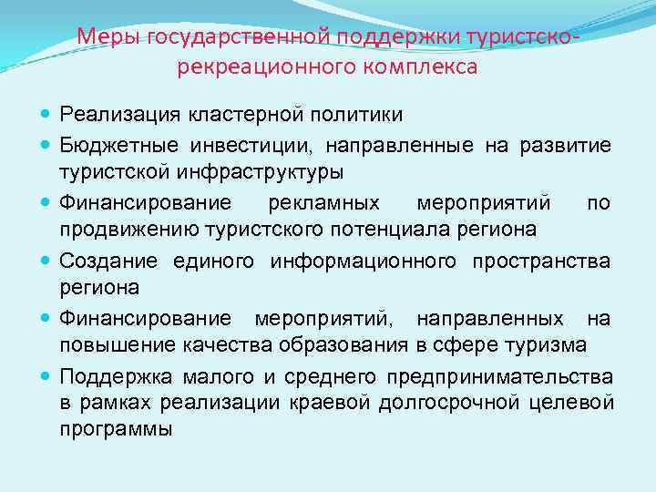   Меры государственной поддержки туристско-  рекреационного комплекса  Реализация кластерной политики 