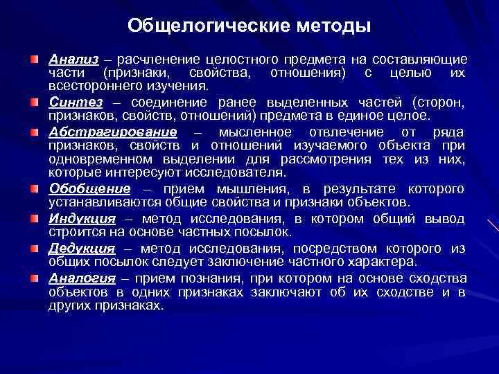 Общелогические методы Анализ – расчленение целостного предмета на составляющие части (признаки, Общелогические методы Анализ – расчленение целостного предмета на составляющие части (признаки,