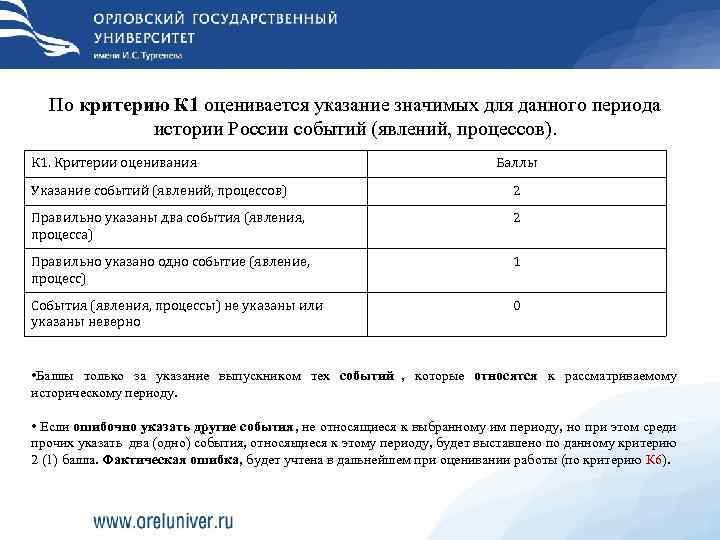  По критерию К 1 оценивается указание значимых для данного периода   истории